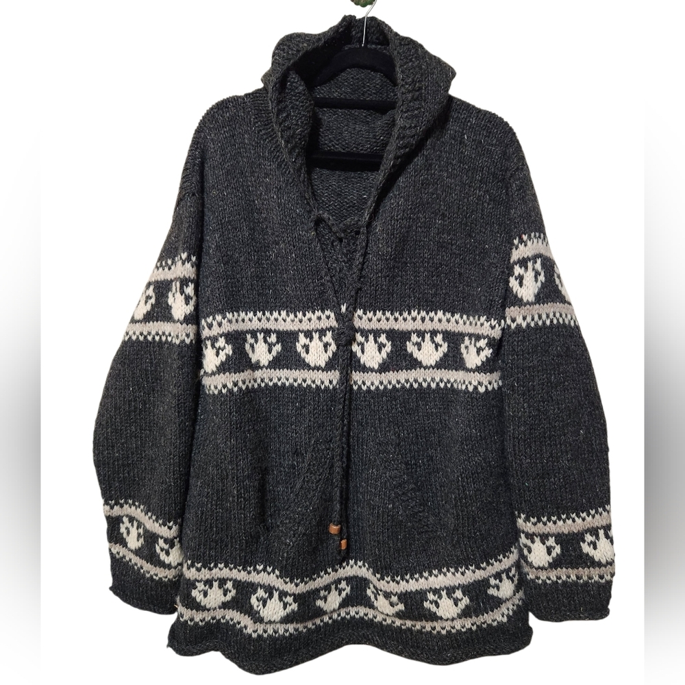 Men's Hooded Knit Wool Hooded Sweater - Charcoal with Cream Pattern
